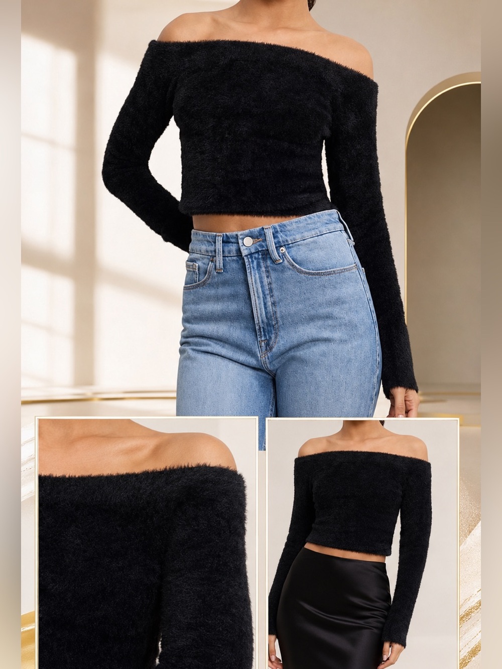 Good American Fuzzy Off Shoulder Crop Sweater Black L NWT